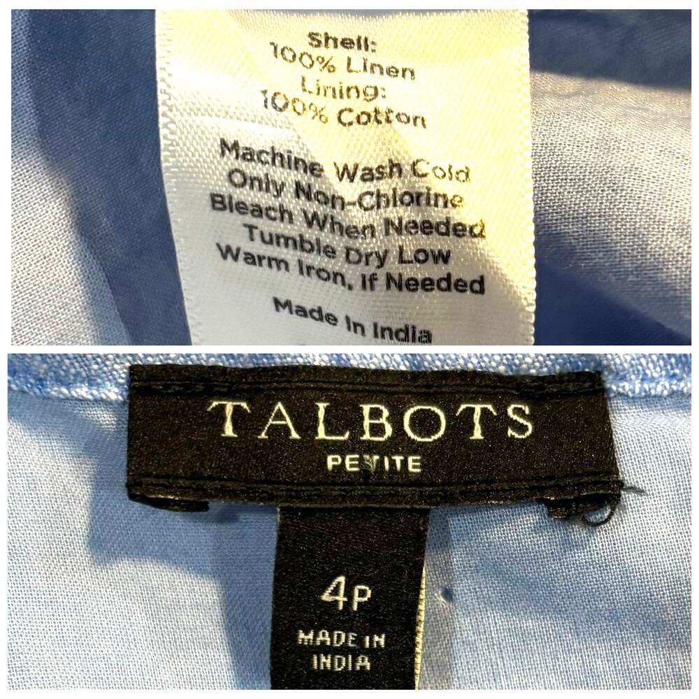 Talbots Blue Linen Shift Dress Striped Hem Sleeveless Lined Breathable, Size 4P - Picture 8 of 8